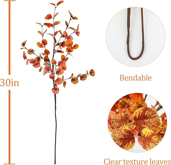 12pcs Artificial Eucalyptus Leaves Stems 30" Faux Fall Leaf Spray Plants Branches Autumn Decorations for Home Floral Arrangements Farmhouse Table Centerpiece Thanksgiving Decor