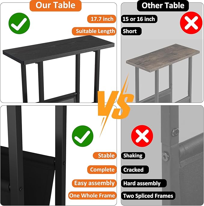 Yusong Small Narrow Side Table for Small Spaces, 17.7" W Slim End Table Nightstand with Storage Holder, Accent Skinny Snack Couch Bedside Table, Black Oak, Complete Iron Pipes