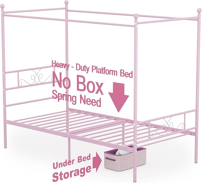 Weehom Twin Canopy Bed Frame with Headboard and Footboard, 4 Posters Metal Bed Frame, No Box Spring Needed, Mattress Foundation Platform Bed for Kids and Adults, Pink
