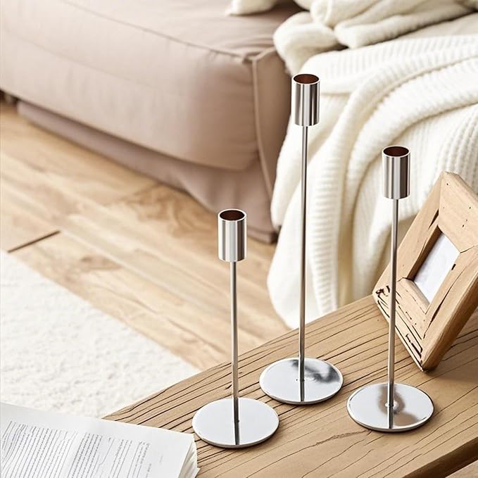 Set of 3 Silver Taper Candle Holders, Metal Gold Candlestick Holders, Tall Candle Holder, Fits 3/4 inch Thick Candle&Led Candles, for Table Centerpiece, Wedding, Dinning, Party Home Decor