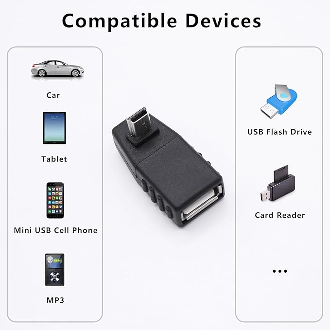 90 Degree Mini USB to USB A OTG Adapter,Down Angle Mini USB 5-Pin Type B Male to USB Type A Female Adapter Converter for Digital Cameras,Black(2 Pack,Down)