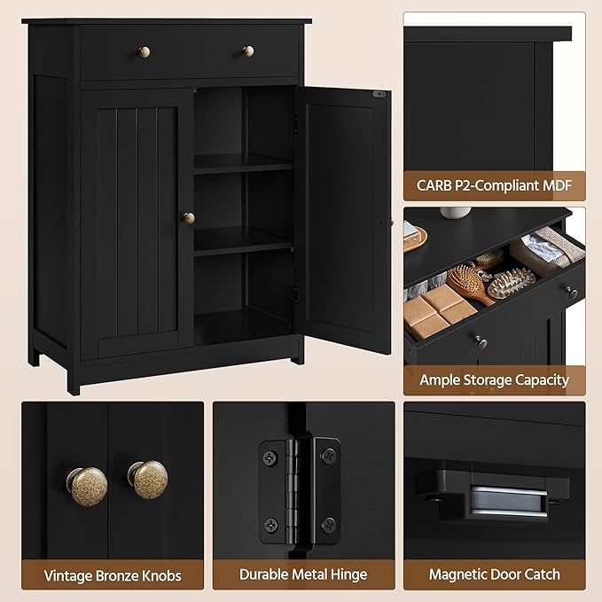Yaheetech Bathroom Storage Cabinet with 1 Drawer and 2 Doors, Bathroom Floor Cabinet with Adjustable Shelf, Wooden Storage Units for Living Room, Entryway, Small Space, Black