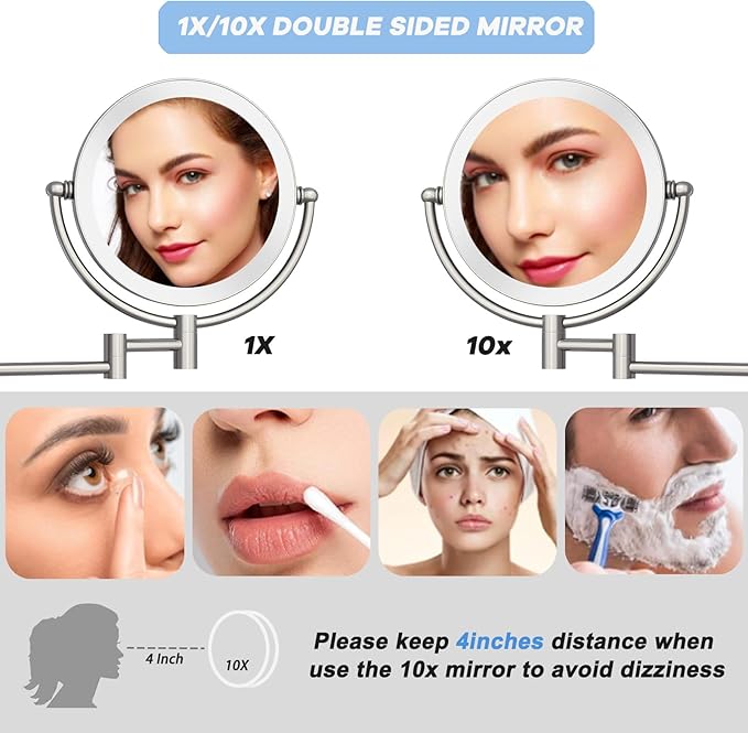 Makeup Mirror Wall Mounted with Lights and 10X Magnification, 8 Inches Rechargeable Double Sided Magnifying, Touch Dimmable Extended Arm 360 Rotation, Foldable Cosmetic Mirror Brushed Nickel