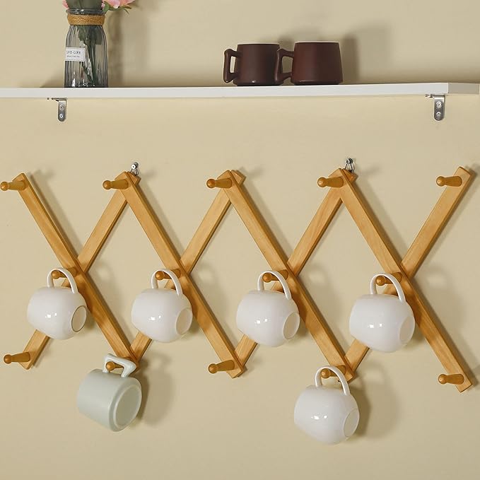 SKOLOO Hat Rack for Wall with 14 Hooks, Pack of 2, Solid Wooden, Modern, Expandable Coat Rack Wall Mount for Coats, Hats, Bags, Baseball Caps, Natural Color