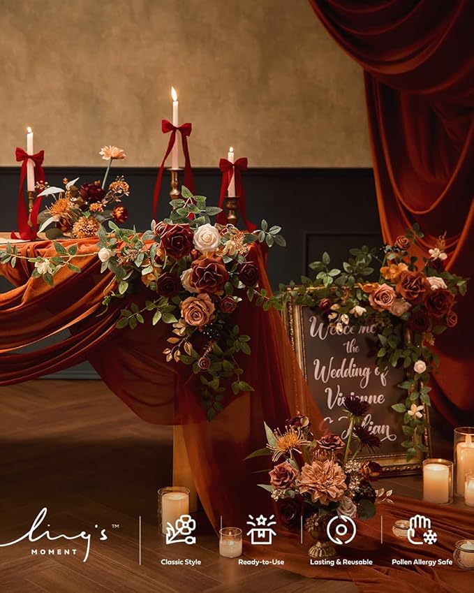 Ling's Moment 2pcs Wedding Flowers Garland Artificial Floral Swag Arch Decorations Rose Greenery Arrangements Sunset Terracotta Ceremony Reception Garden Easel Wall Entryway Outdoor (NOT Include Sign)