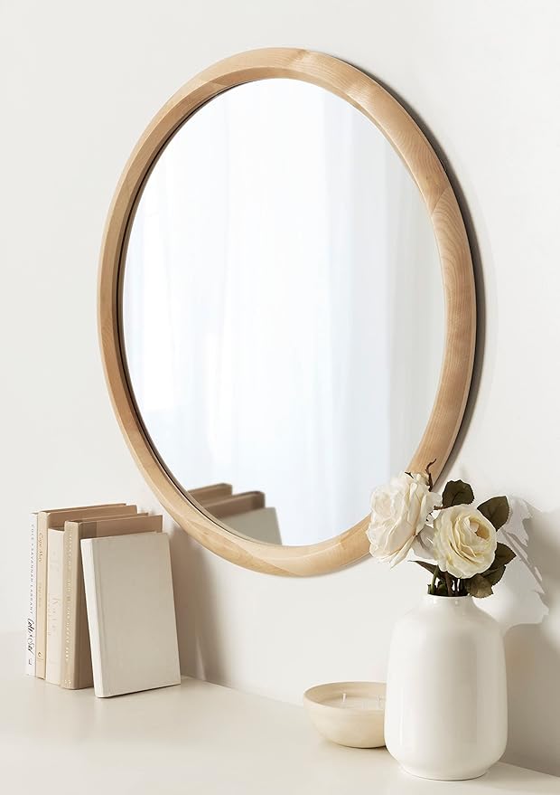 Kate and Laurel Pao Modern Round Wood Wall Mirror; 28; Natural Wood; Decorative Scandinavian Circle Mirror for Robust Wall Decor