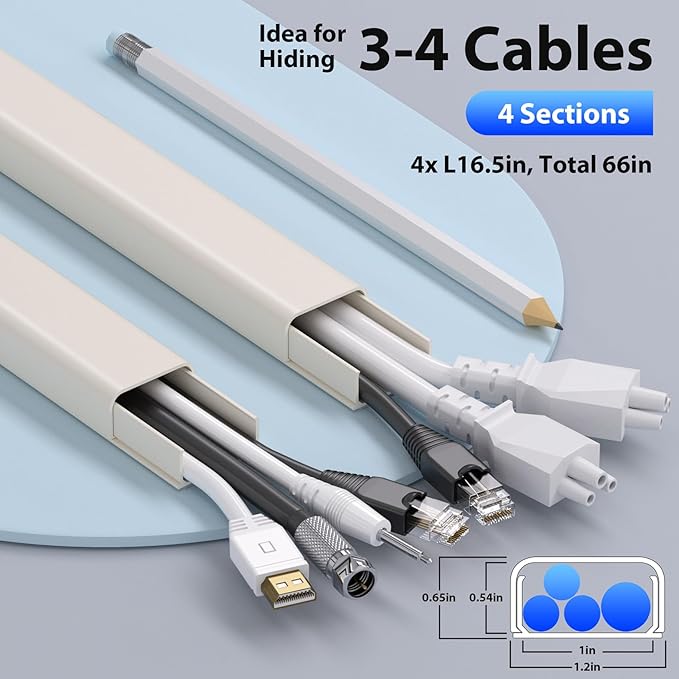 66in (4X L16.5in) Large Wire Hiders for TV on Wall for 3-4 Cords - ZhiYo PVC Cable Cover Kit with Pre-Applied Adhesive Tape, Ideal for Wall Mounted TVs Home Office, W1.2in x H0.7in Beige