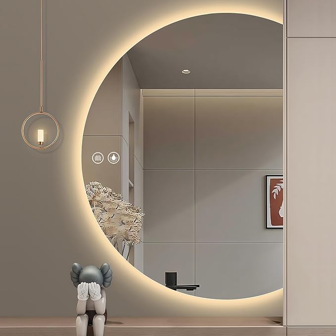 YUDACHU 40"×28" LED Mirror for Bathroom, Anti Fog Half Moon Mirrors for Wall-Irregular Modern Vanity Mirror-with Backlit, 3 Colors, Stepless Dimmable, Shatter-Proof