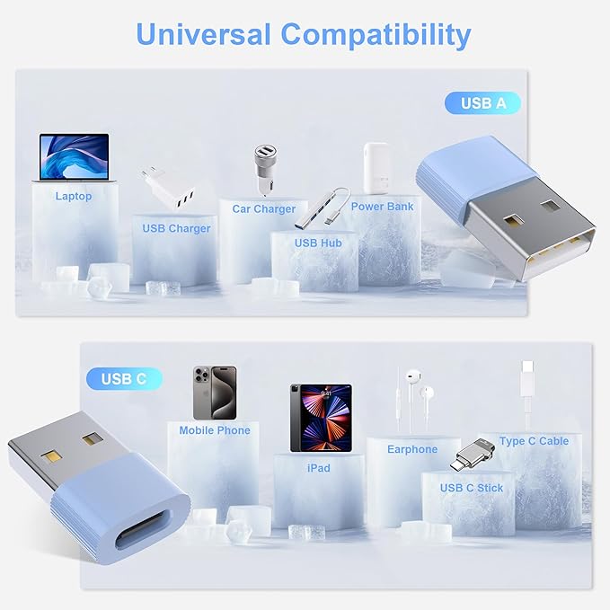 USB to USB C Adapter 3 Pack, Type C Female to A Male Car Charger OTG Converter for Apple Watch Ultra 8 9 10,iPhone 15/16/17 Pro Max,Galaxy S25/S24, MacBook, iPad, AirPods,Pixel,PS4(Blue)