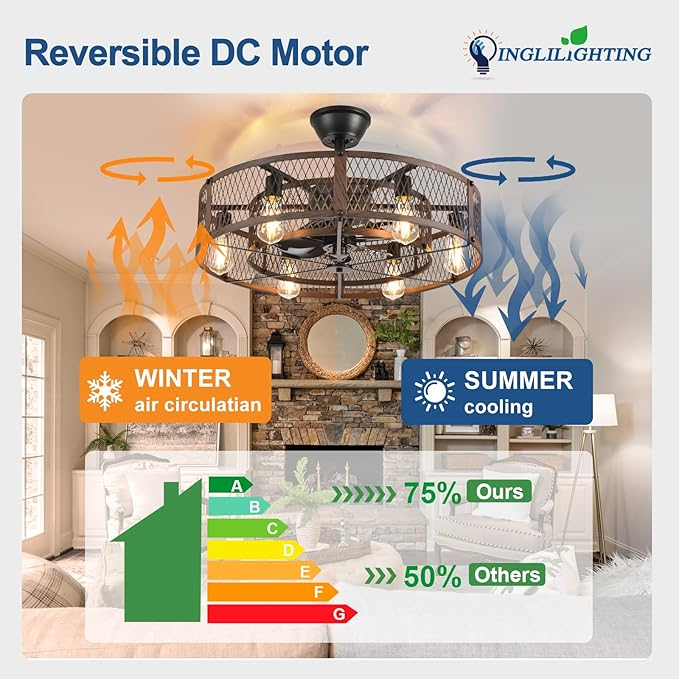 DLLT Caged Ceiling Fan with Lights: 26" Bladeless Fandelier with Light and Remote - Walnut Industrial Chandelier Fan Light for Bedroom Living Dining Room Kitchen