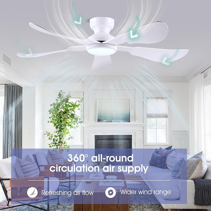 52 Inch Modern Ceiling Fans with Lights, Flush Mount Ceiling Fan with Light and Remote/APP Control, 5 Reversible 6 Speeds Curved Blades, 3 CCT Dimmable Lights for Bedroom, White