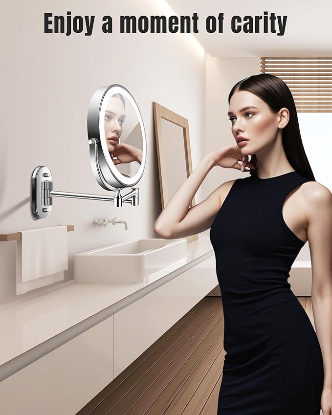 Wall Mounted Makeup Mirror with Light, 20X/1X 8'' Double Sided LED Magnifying Bathroom Lighted Vanity Mirror with Magnification, 3 Color Light up Touch Dimmable Extended Arm 360 Rotation
