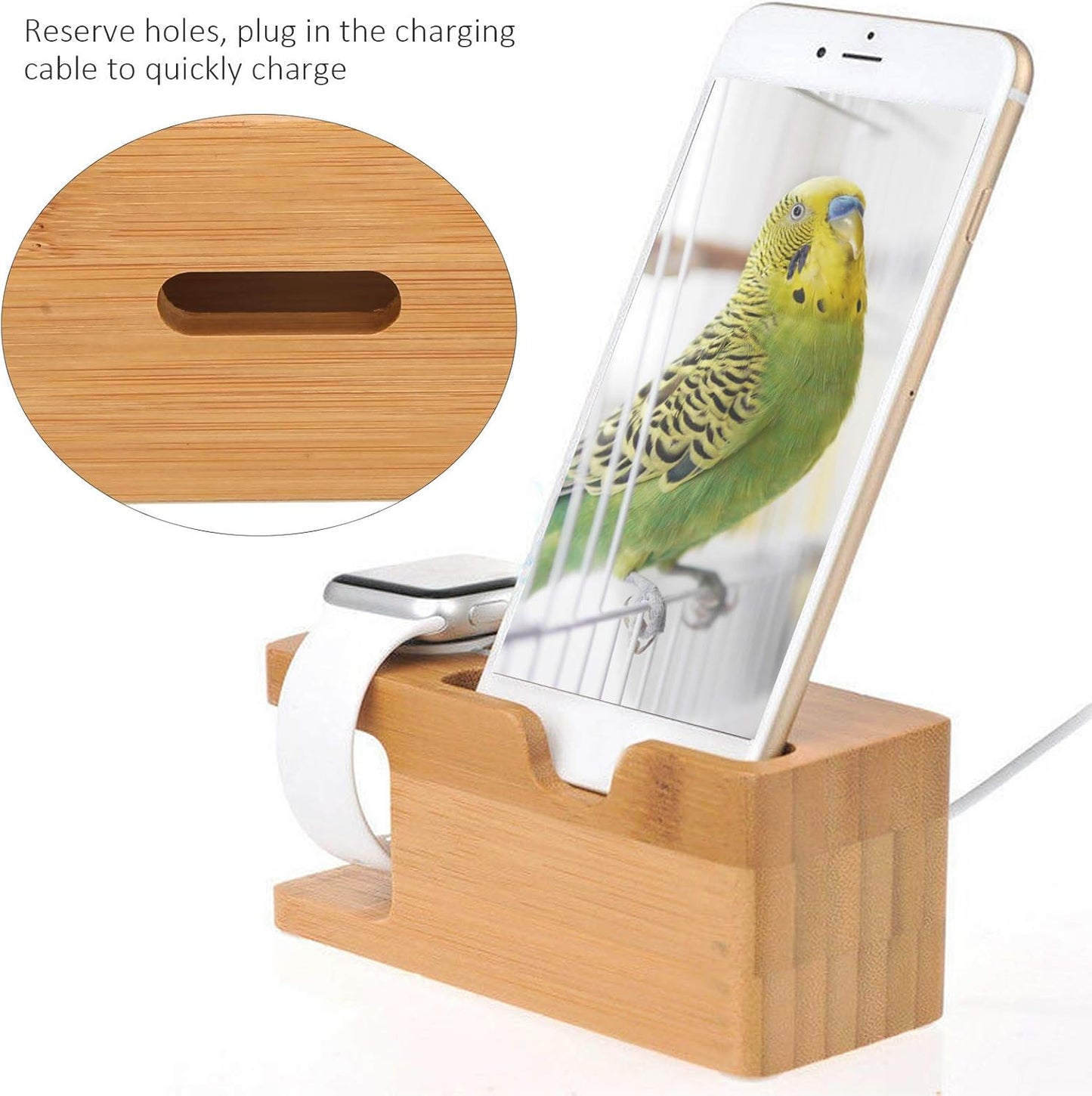 Pssopp Bamboo Charging Station - Wooden Desktop Docking Station Organizer for Cellphone, Smart Watch, Tablet Charging