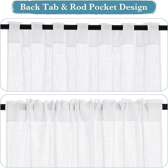 RYB HOME Semi Sheer Curtains 102 inches Long, Back Tab Light Filtering Half Privacy Window Curtains & Drapes for Bedroom Living Room, White, W 52 x L 102 inches, 2 Panels Set