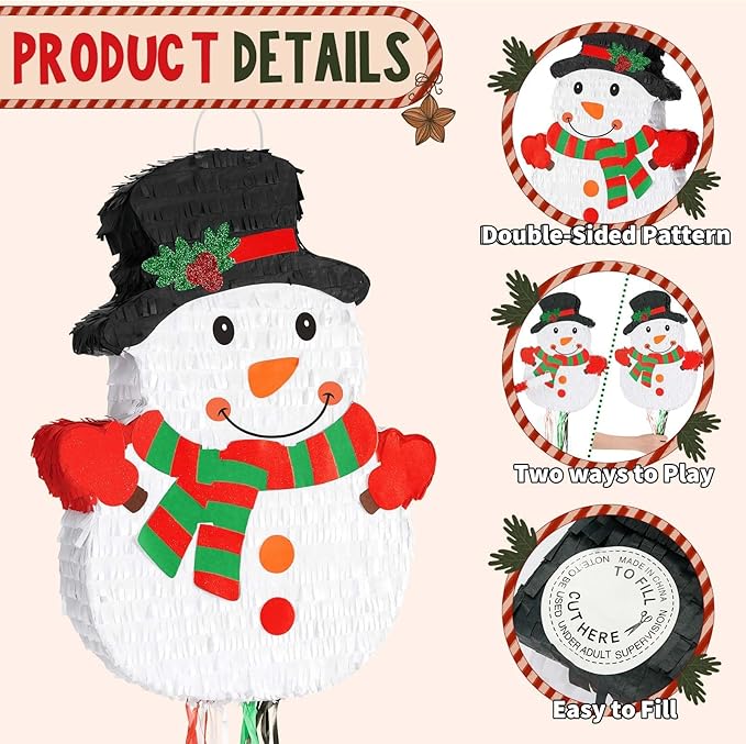 Wernnsai Christmas Piata Large Pull String with Blindfold Bat Cute Snowman Piata for Christmas Party Games White Party Decorations 16.5' x 12.4'