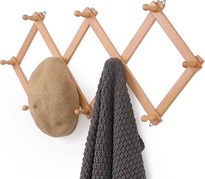 Wall Rack with 10 Hooks, Wooden Wall Expandable Coat Rack for Coat, Hats, Baseball Caps, Coffee Mug, Jewelry(Natural)