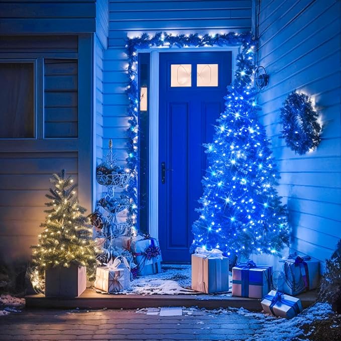 JMEXSUSS Blue Christmas String Lights Indoor Outdoor, 66ft 200 LED Blue String Lights Clear Wire Plug in, 8 Modes Waterproof Christmas Lights for Halloween Tree Party Bedroom Wall Christmas Decoration