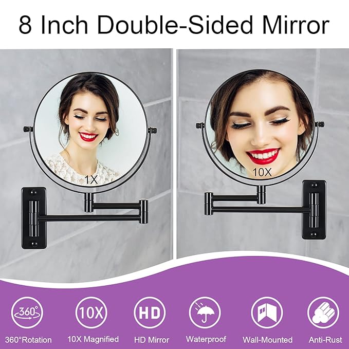 Wall Mounted Magnifying Makeup Mirror with 1X 10X Magnification and Extendable Arm, 8 Inch Double Sided Vanity Mirror for Bathroom, Wall Mirror for Teen Girls, Women, Matte Black