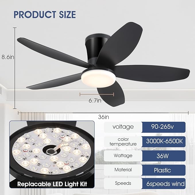 Ceiling Fans with Lights-36 Low Profile Ceiling Fan with Light and Remote/APP Control,Flush Mount,DC Reversible,LED Dimmable Blakc Ceiling Fans for Bedroom,Indoor/Outdoor Patio Use