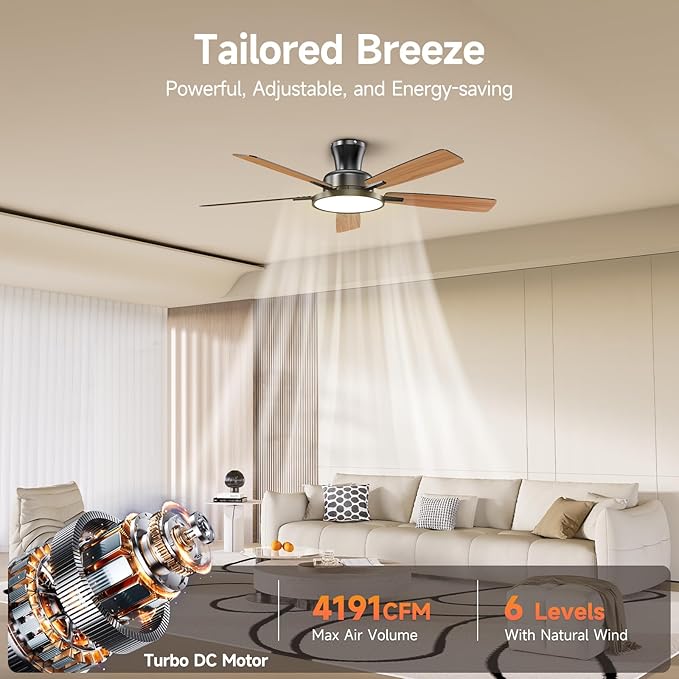 TALOYA Ceiling Fans with Lights and Remote, 52 inch Low Profile Ceiling Fan with Nightlight, Flush Mount, Reversible, 3CCT, Dimmable Black Modern Ceiling Fan for Bedroom, Living Room, Outdoor Patio