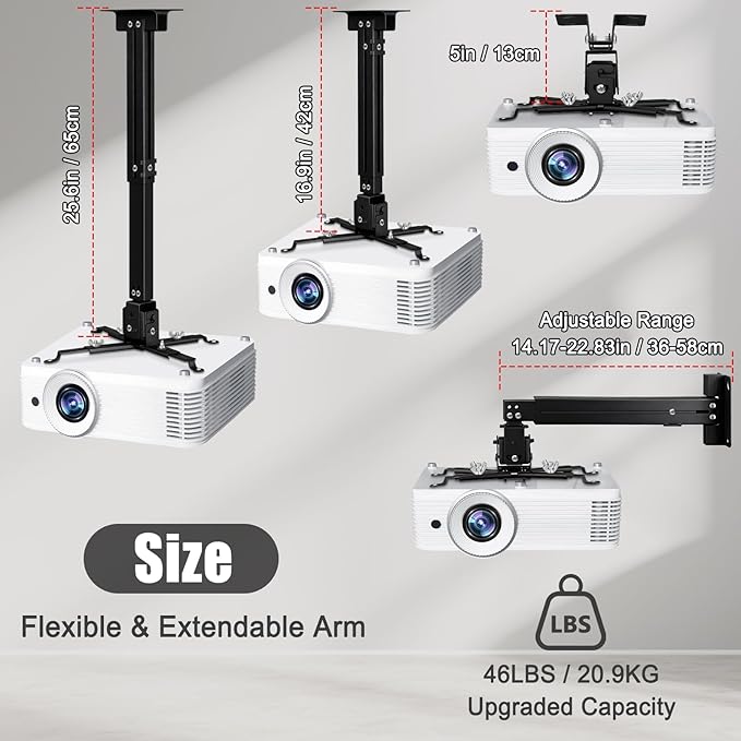 2-Be-Best Projector Ceiling Mount Wide Pipe Universal 3-in-1 Projector Wall Mount Bracket with Adjustable Arm, Flush Mount Option, Built-in Cable Management for Office Home Black