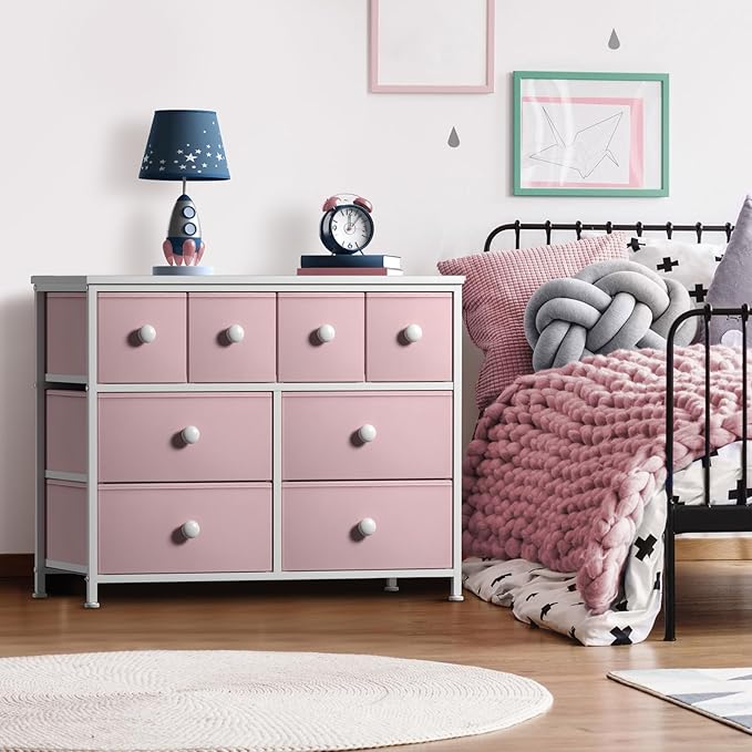 Sorbus Fabric Dresser for Kids Bedroom - Chest of 8 Drawers, Storage Tower, Clothing Organizer, for Closet, for Playroom, for Nursery, Steel Frame, Fabric Bins - Knob Handle (Pastel Pink)