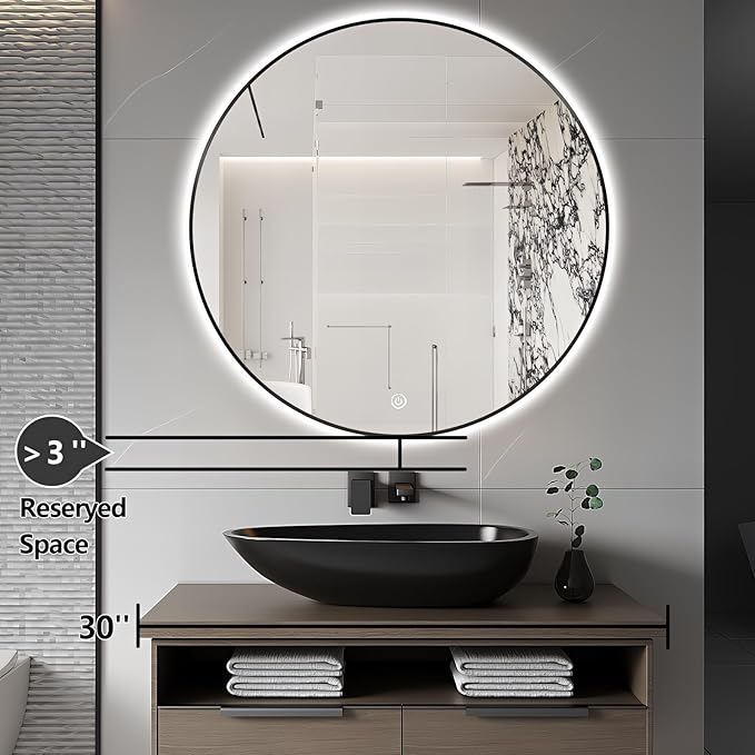 28" Round LED Bathroom Mirror, Wall Mounted Backlit Vanity Mirror with 45° Beveled Frame Lighted Mirror for Bedroom, Fog Free 3-Color Dimmable Lights Memory Function, Black