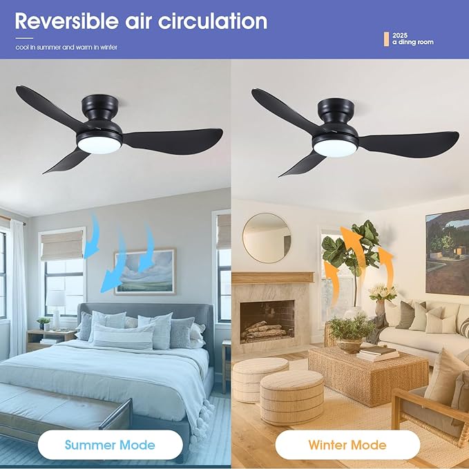 46 Inch Modern Ceiling Fans with Lights, Flush Mount Ceiling Fan with Remote/APP Control, 3 Reversible Curved Blades, 6 Speeds, 3 CCT Dimmable Lights for Bedroom Kitchen, Black