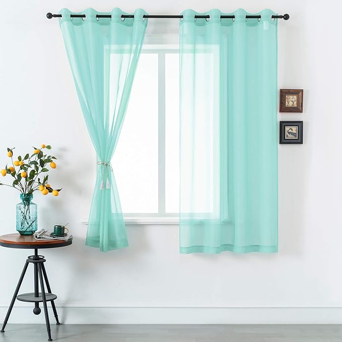 DUALIFE Aqua Sheer Curtain Panels 72 inches Long Grommet Solid Mint Green Soft Touch Semi Window Drapes for Bedroom Living Room(52 X 72 Inch Length 2 Panels Seafoam Green)