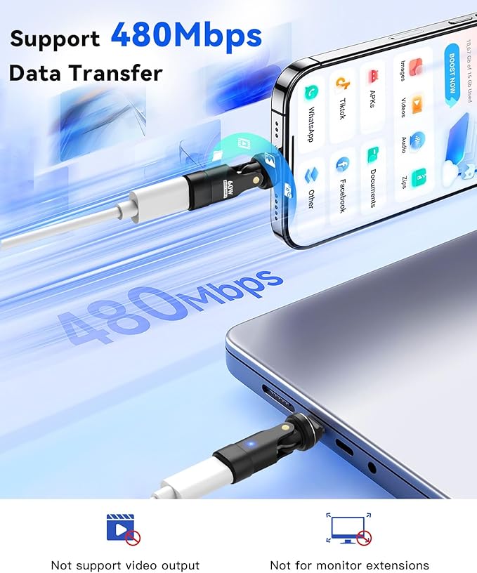 TiMOVO Magnetic Lightning to USB C Adapter, Fast Charging & 480Mbps Data Sync, 90° Right Angle & 60W PD USB-C Male to Lightning Female for iPhone 16/15/14 Pro Max, MacBook, iPad, Tablet, Black
