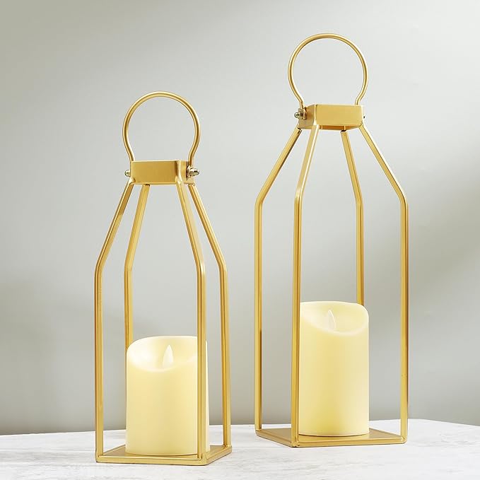 Perfnique Modern Farmhouse Lantern Decor, 15'' 12.6'' Set of 2 Gold Metal Lanterns, 2 LED 6hr Timer Flickering Flameless Candles, Lanterns Decorative for Outdoor, Porch, Fireplace, Patio