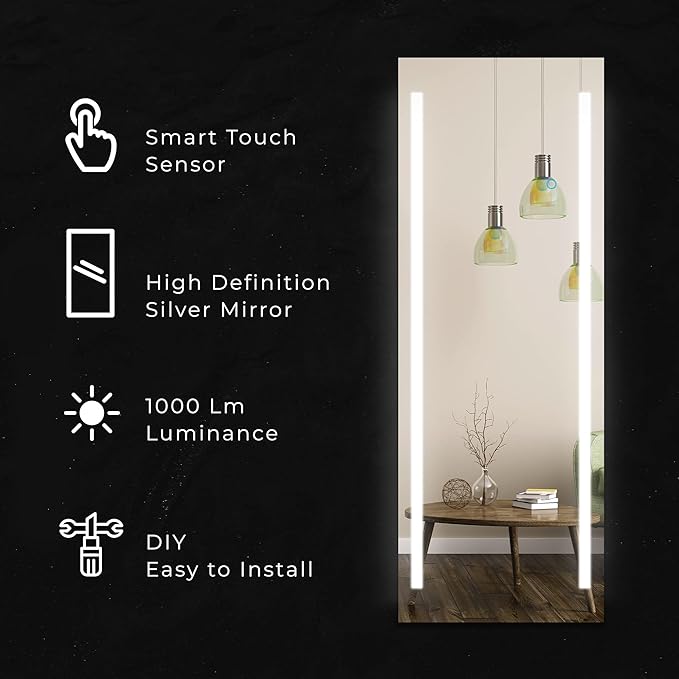 Full Length LED Lighted Free Standing Floor Mirror with ON/OFF Touch Button for Makeup, Dressing in Bedroom & Living Room 19"x59" by Fab Glass and Mirror