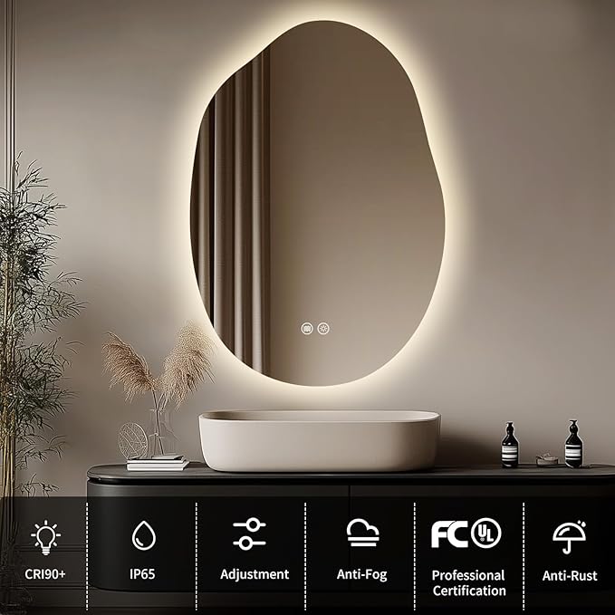 LED Light Bathroom Mirror 22x32, Stepless Dimmable Irregular Backlit Mirror with 3 Colors, Anti-Fog, Memory, Al-Alloy Lampshade, Frameless Makeup Mirror for Bathroom (Horizontal/Vertical)