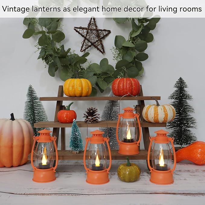 12-Pcs Orange Mini Lanterns Decorative for Halloween Thanksgiving, Fall Centerpiece for Table, Small Western Lantern with Flicker LED Candle for Cowboy Camping Christmas Wedding Decorations