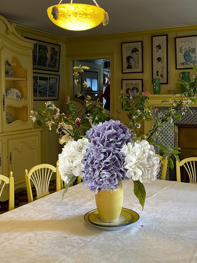 YalzoneMet 4 Pcs Hydrangea Artificial Flower Lifelike 21'' Long Stem Latex Real Touch Hydrangea for Xmas Home Party Kitchen Thanksgiving Table Centerpiec Christmas Decor 2 White + 2 Purple