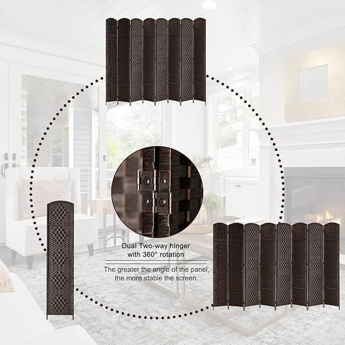 Rose Home Fashion Room Divider, 6 ft Tall Room Dividers and Folding Privacy Screens, 16in Privacy Screen 8 Panel Dark Coffee Space Temporary Wall Foldable Partition Separation