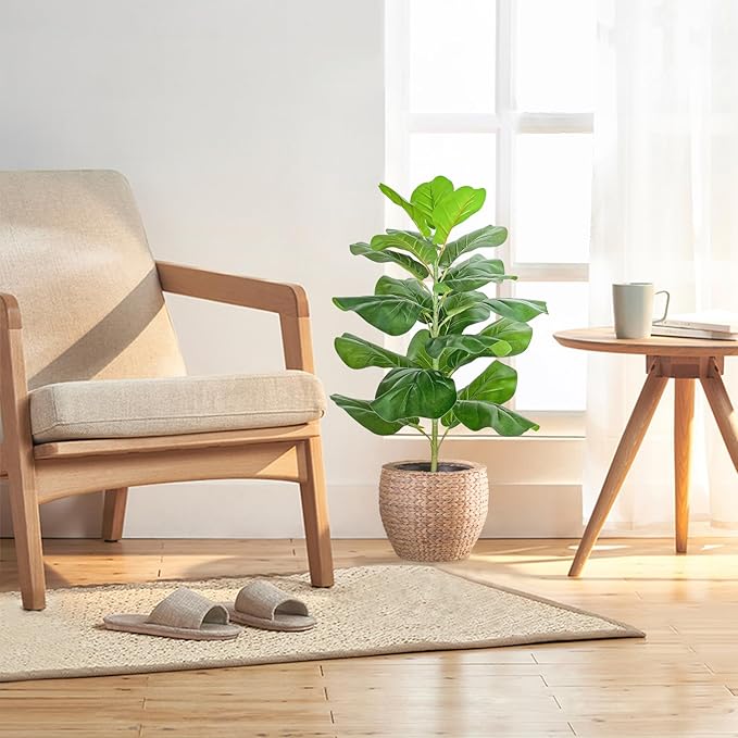 BESAMENATURE 30.5" Little Artificial Fiddle Leaf Fig Tree/Faux Ficus Lyrata for Home Office Decoration, Ships in Silvery Gray Planter