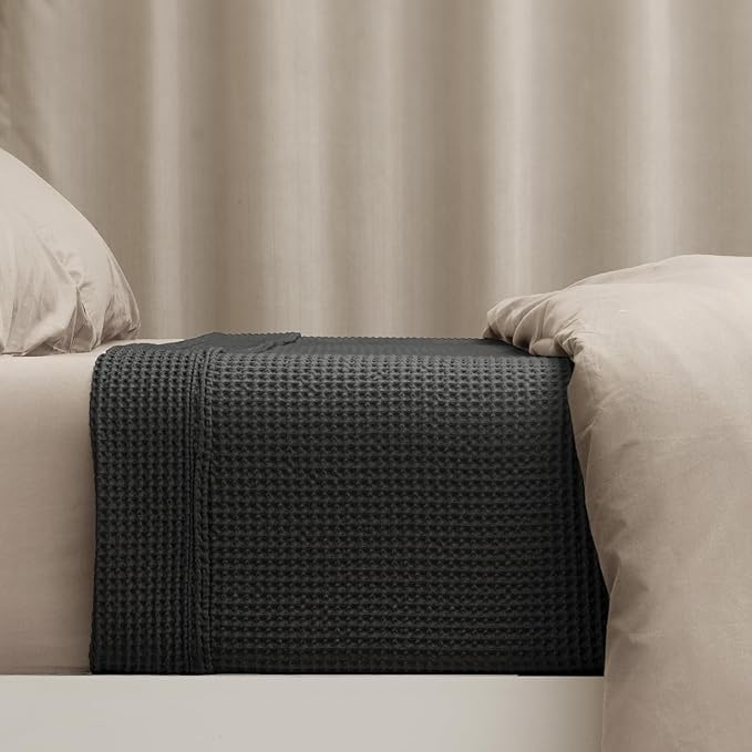 PHF 100% Cotton Waffle Weave Blanket Queen Size 90"x90" - Lightweight Washed Soft Breathable - Perfect Layer for Couch Bed Sofa - Elegant Home Decoration Gift - Black