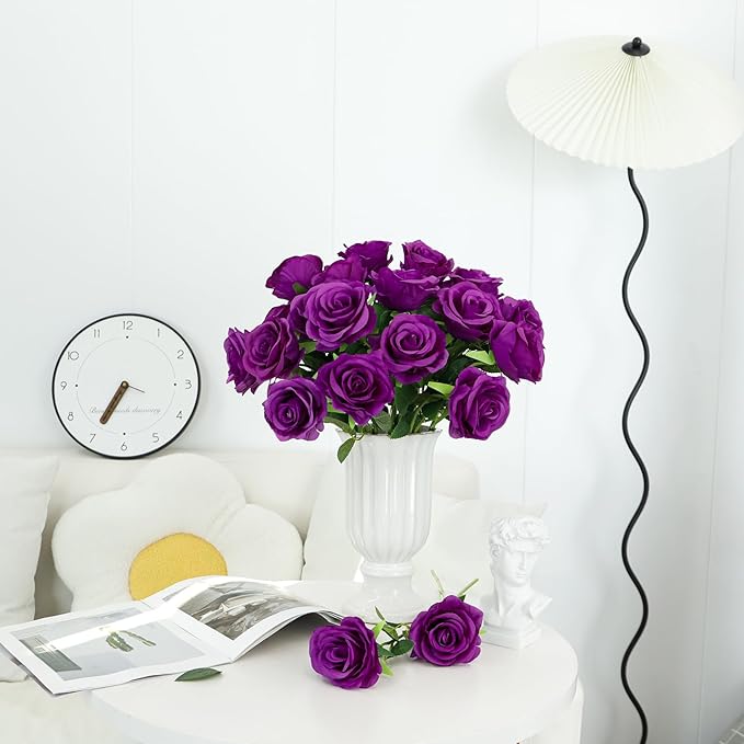 Ouddy Decor 20 Pcs Red Roses Artificial Silk Flowers Fake Roses Bouquet with Long Stems for Valentines Day Decor Wedding Home Party Table Centerpieces Bridal Bouquet DIY Floral Arrangment, Purple