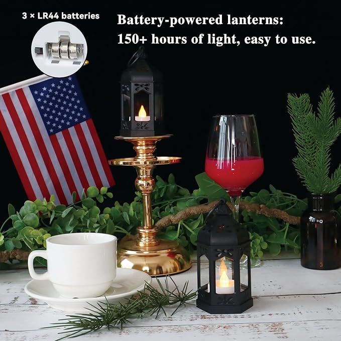 LLQ 12Pcs Mini Lanterns with Small LED Candle, Ramadan Lanterns Decorative Indoor, Vintage Black Lantern for Ramadan EID Decorations Halloween Christmas Wedding Table Centerpiece, Battery Included
