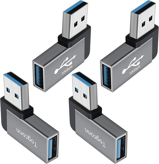 90 Degree USB Adapter 10Gbps,4-Pack Right Angle USB-A Male to Female Connector Converter L-Shape Extender, Support Charge & Data Sync for PC, Laptop, Mouse, Keyboard