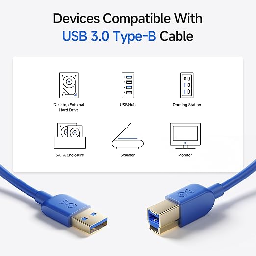 Cable Matters 5Gbps Long USB 3.0 Cable - 10ft, USB A to B Cable, USB3 Cord with Type-B 3.0 Connector for Hard Drive Enclosure/Built-in Hub and More, Blue