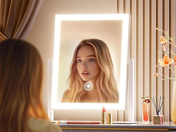 Lighted Makeup Mirror, Hollywood Vanity Mirror with Lights, Three Color Modes，Detachable 10X Magnification Mirror, Smart Touch Control, 360°Rotation (15.2in)