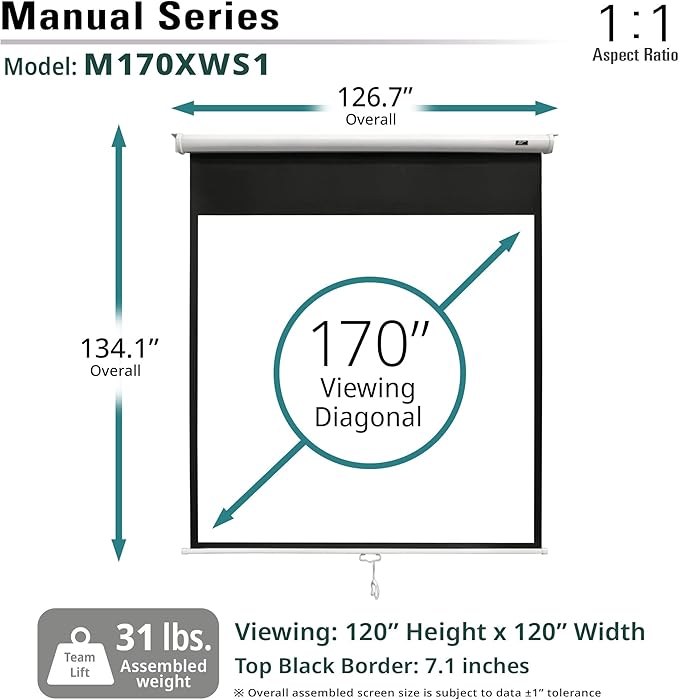 Elite Screens Manual Series, 170-INCH 16:9, Pull Down Manual Projector Screen with AUTO Lock, Movie Home Theater 8K / 4K Ultra HD 3D Ready, 2-Year Warranty - M170XWS1- White