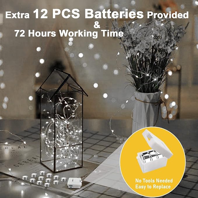 12 Pack Valentine's Day Fairy Lights Battery Operated, 3 Speed Modes, Extra 12 Batteries for Replacement, 7Ft 20 LED Mini String Light, Waterproof Silver Wire, Twinkle Firefly Lights, White