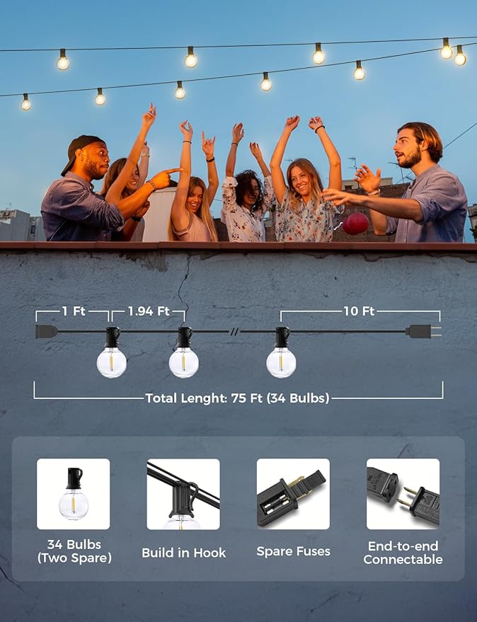XMCOSY+ Smart Outdoor String Lights, 75Ft G40 Globe Patio Lights with 34 Dimmable LED Bulbs, WiFi & APP Control, Work with Alexa, Extendable Waterproof LED String Lights for Outside, Porch, Backyard
