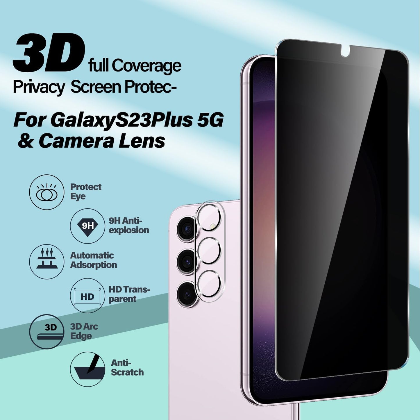 Galaxy S23 Plus Privacy Tempered Glass Screen Protector + Camera Lens Protector [2 + 2 Pack] [Anti-Scratch] Clear HD