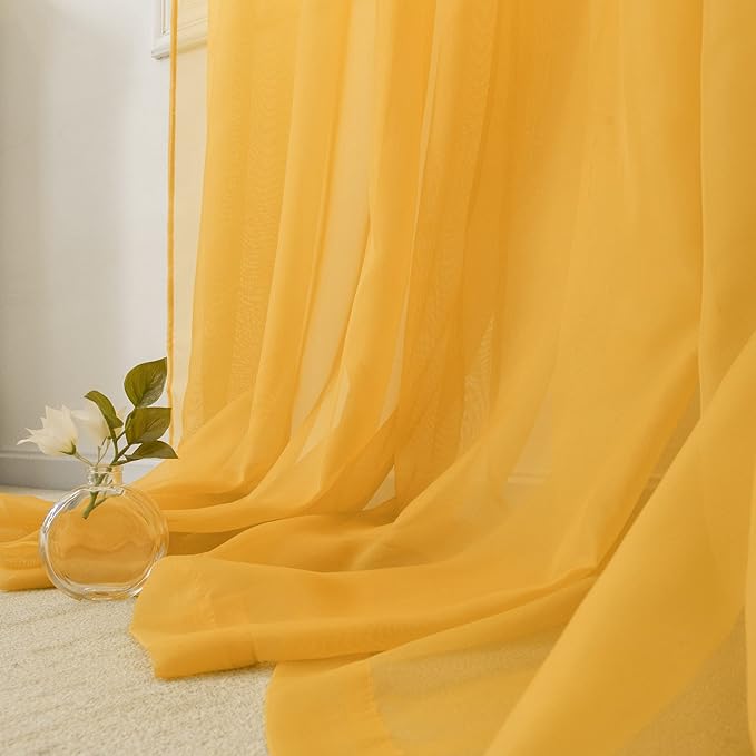 HUTO Gold Yellow Sheer Curtains 63 Inches Long for Living Room Rod Pocket Top Window Sheer Panels Curtains for Bedroom 2 Panels