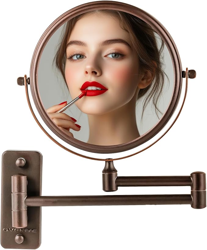 OVENTE 7" Wall Mounted Makeup Mirror with 1X/7X Magnification, Double Sided Magnifying Round Bathroom Vanity Mirror, 360° Swivel Design, Extendable and Folding Arm, Antique Bronze MNLFW70ABZ1X7X
