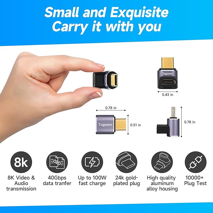 90 Degree Right Angle USB C Adapter (2 Pack), USB Type-C Male to Female Extender Connector, 40Gbps, 8K@60Hz Compatible with MacBook Pro/Air, iPhone 15/15 Pro Max, iPad Pro, Tablet, Phone, More